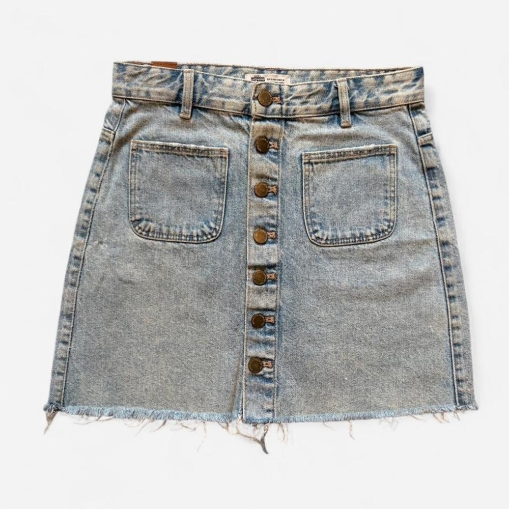Zara denim mini skirt jean TRF button front light wash frayed hem cute women's S
